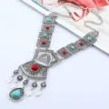 Vintage bohemian long tassel statement necklace with turquoise and red stones for women. - Antique Silver Multicolor