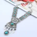 Bohemian vintage silver long necklace with turquoise stones and metal tassel pendant for women. - Antique Silver Blue