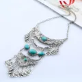 Antike silberne lange Türkis Edelstein Statement Halskette Boho Pullover Kette Schmuck - Antik Silber Blau