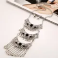 Vintage antique silver multi-layer cutout black gem tassel long necklace and earrings set - Antique Silver + Black