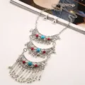 Bohemian multilayer hollow gemstone necklace and earrings set with vintage tassel design. - Antique Silver + Colorful