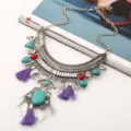 Bohemian retro statement bib necklace with turquoise stones, vintage metal leaves and tassels. - Purple