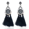 Elegante vintage schwarze Quasten Ohrringe mit funkelnden Strasssteinen und Kristallblumen. - Transparent Schwarz