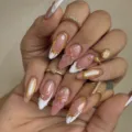 3D French press-on nails short almond fake nail art with floral gold foil decor var. - French Gold Edge 3D Flower (JP4345)