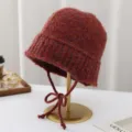 Cappello secchiello donna in maglia con lacci lana berretto autunno inverno moda calda - Taglia unica / Borgogna