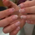 French pink short round press-on nails with colorful rhinestones and sparkling crystals for women. - French Pink Colorful Rhinestone Short Round Style (JP4312)