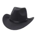 Classico cappello da cowboy in feltro di lana nera con cintura in pelle e fibbia in metallo. - M（56-58cm） / Nero