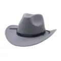 Vista dettagliata del cappello da cowboy in feltro grigio con cintura nera e fibbia metallo. - M（56-58cm） / Grigio
