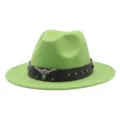 Chapeau feutre vert style jazz avec décor métal tête de taureau pour voyage en plein air - M (56-58cm) / Vert Herbe
