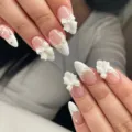 French press-on nails with 3d white bows and pearls short almond artificial fake nail art - 3D Bowknot Pearl French Style (JP4319)