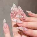 Gorgeous 3D cherry bow press on nails long stiletto pink crystal fake nail art variant - 3D Cherry Bowknot Plaid Long Pointy Style (JP4271)
