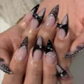 Stunning black lace French press-on nails featuring 3D bows and pearls, sharp fake nail tips. - Black White Lace Bowknot Pearl Pointy Style (JP3527)