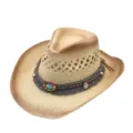 Details of the western cowboy straw hat with braided beaded band for summer sun protection. - M (56-58cm) / Khaki