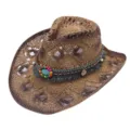Close-up of the woven straw hat details, featuring hollow out pattern and colorful beaded band. - M / 56-58cm / Coffee