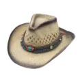 Western cowboy straw hat for men and women, summer sun protection braided beach panama hat. - M (56-58cm) / Black