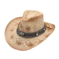 Summer straw cowboy hat with ethnic band hollow out beach western hat for men and women - M / 56-58cm / Beige