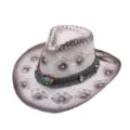 Close-up detail of western straw cowboy hat with turquoise beads and braided tassel band. - M / 56-58cm / White
