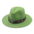 Chapeau fedora en paille verte pour le soleil avec bande en cuir marron et corne argent. - M (56-58cm) / Vert