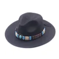Classico cappello di paglia da cowboy nero con fascia di perline turchesi, protezione solare. - M（56-58cm） / Nero