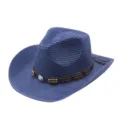 Blue straw cowboy hat for summer sun protection, stylish braided beach sun hat with beads. - M (56-58cm) / Navy Blue