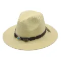 Chapeau de paille Fedora élégant avec bande en cuir et décor turquoise pour voyages d'été. - M (56-58cm) / Light jaune