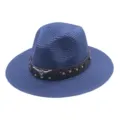 Détails du chapeau de paille western bleu avec bande en cuir et décor de crâne de taureau. - M (56-58cm) / Bleu marine
