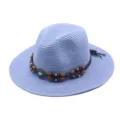Hellblauer Strohhut mit Perlen Lederkordel und Quaste für den sommerlichen Strand Sonnenschutz. - M (56-58cm) / Hellblau