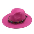 Damen Sommer Strohhut Fedora mit Perlenband Strand Sonnenschutz stilvoller Hut Detailansicht - M (56-58cm) / Fuchsia