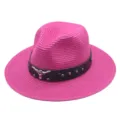 Chapeau paille cowboy western rose femme avec bande cuir noir et décor taureau pour plage d'été. - M (56-58cm) / Rose rouge