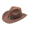 Brown western straw hat with leather band and turquoise beads, perfect for outdoor summer sun protection. - M (56-58cm) / Coffee