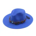 Blauer Strohhut für Damen, Sommer Strand Sonnenschutz Jazz Fedora mit Perlenband. - M (56-58cm) / Saphirblau