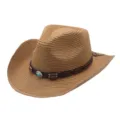 Fashion western cowboy straw hat for men women summer outdoor sun protection sunhat cap. - M (56-58cm) / Khaki