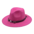 Chapeau fedora en paille rose avec bande en cuir et perles, large bord été plage. - M (56-58cm) / Rose rouge