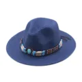 Elegante cappello fedora in paglia blu con fascia di perline turchesi, protezione solare estiva. - M（56-58cm） / Blu navy
