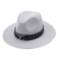 Chapeau de paille cowboy occidental femme été plage protection solaire fedora détail - M (56-58cm) / Blanc