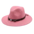 Chapeau de soleil en paille rose à large bord pour femmes et hommes, fedora élégant voyage. - M (56-58cm) / Rose Foncé
