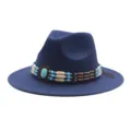 Κλασικό μπλε μάλλινο καπέλο fedora με εθνοτική τιρκουάζ χάντρα, στιλάτο western jazz καπέλο. - M (56-58cm) / Ναυτικό μπλε