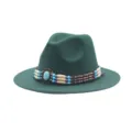 Green felt fedora hat for men women western cowboy style with turquoise beaded band accessory - M (56-58cm) / Dark Green