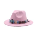 Pink wool fedora hat for women men, stylish western cowboy jazz hat with boho beaded hatband. - M (56-58cm) / Pink