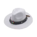 Sombrero fedora de paja blanca con banda étnica cuentas de colores turquesa y flecos chic - M (56-58cm) / Blanco