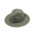 Chapeau de paille Fedora vintage avec bande tissée ethnique, perles colorées et franges. - M (56-58cm) / Vert Militaire
