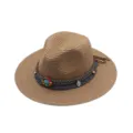 Sombrero de paja retro 2023 con decoración de cuentas étnicas, sombrero de jazz de playa. - M (56-58cm) / Caqui