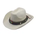 Close-up detail of the ethnic woven straw hat featuring colorful beads, fringe, and a braided band. - M (56-58cm) / Cream