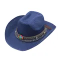 Detailed view of bohemian style blue straw cowboy hat with colorful beaded band and texture. - M (56-58cm) / Navy Blue