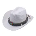 Ethnic style straw cowboy hat for men and women, summer sun protection beach hat. - M (56-58cm) / White