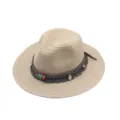 Sombrero de paja retro con banda de cuentas de colores y flecos, elegante sombrero de sol. - M (56-58cm) / Beige