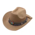 Close-up detail of a brown straw cowboy hat featuring a colorful beaded boho band. - M (56-58cm) / Khaki