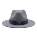 Chapeau fedora en feutre gris avec bande en cuir tete de taureau, style western pour adultes. - M (56-58cm) / Gris clair