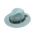 Chapeau de soleil en paille bohème pour femmes et hommes, fedora tressé stylé avec perles. - M (56-58cm) / Bleu clair