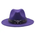 Sombrero fedora morado de lana con decoracion metalica de cabeza de toro estilo western ala ancha - M (56-58cm) / Púrpura